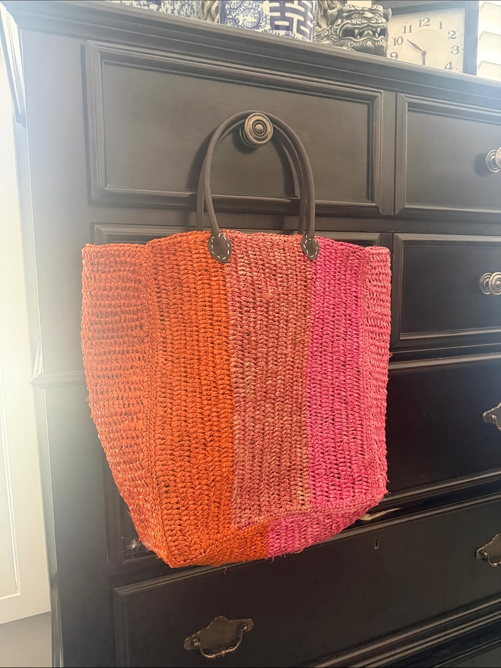 J. Jill Orange & Pink Handwoven Straw Tote with Dark Handles